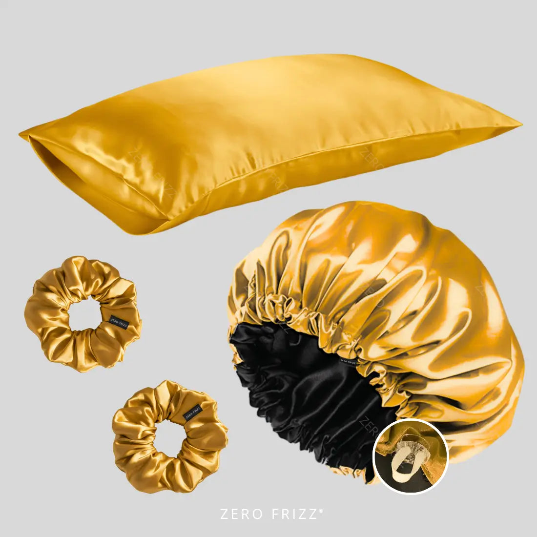 Kit Noite Perfeita da Zero Frizz - Touca de Cetim Dupla Face, Fronha e Scrunchies para Reduzir Frizz e Hidratar Cabelos