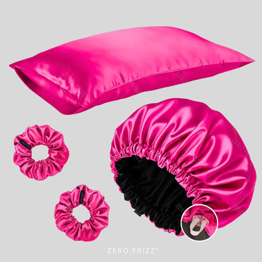 Kit Noite Perfeita da Zero Frizz - Touca de Cetim Dupla Face, Fronha e Scrunchies para Reduzir Frizz e Hidratar Cabelos