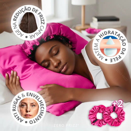 Kit Noite Perfeita da Zero Frizz - Touca de Cetim Dupla Face, Fronha e Scrunchies para Reduzir Frizz e Hidratar Cabelos