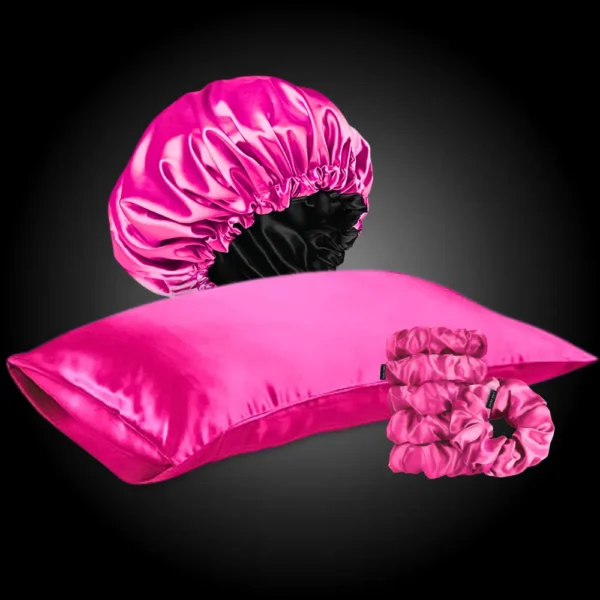 Conjunto de fronha, touca e elásticos de cabelo de cetim rosa vibrante da marca Zero Frizz